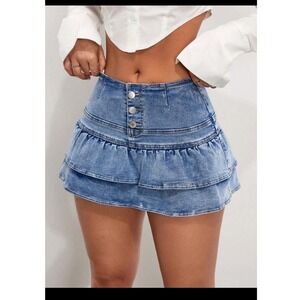 SHEIN‎ Women 28 Ruffle Denim Blue Jean Mini Skirt Casual Western Y2K Feminine